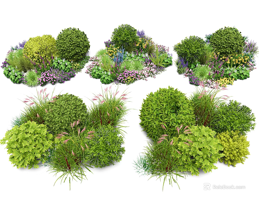 Diverse Garden Shrubs With Greenery Herbs And Colorful Flowers In Clusters 3d model 