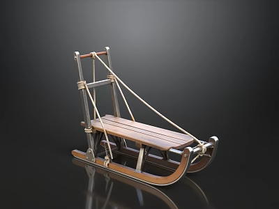 Vintage Wooden Sled With Metal Frame And Rope Details On Black Background 3d model