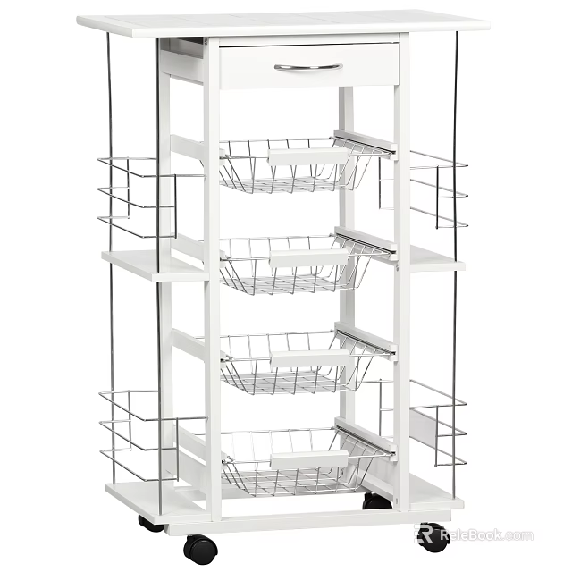 White Multi Tier Metal Storage Rack With Wire Baskets And Side Shelves 3d model 