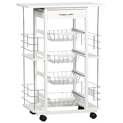 White Multi Tier Metal Storage Rack With Wire Baskets And Side Shelves 3d model