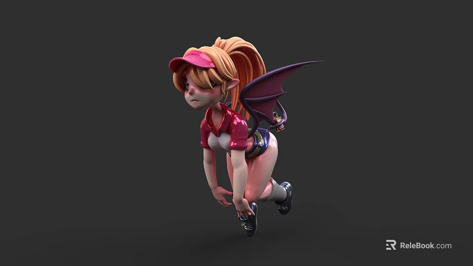 Woman With Blonde Hair Pink Cap Purple Wings Red Top And Shorts Leaping 3d model 