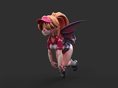 Woman With Blonde Hair Pink Cap Purple Wings Red Top And Shorts Leaping 3d model