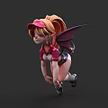 Woman With Blonde Hair Pink Cap Purple Wings Red Top And Shorts Leaping