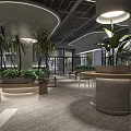 Modern EVO Cinema Lobby Interior With Plants Seating And Reception 3d model