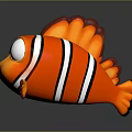 Cute Orange Clownfish 3D Model With White Stripes Blue Eyes Open Mouth And Red Fins