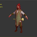 Medieval Male Character With Red Hat Beard Green Checkered Robe And Drum