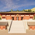 Traditional Chinese Ancient Architecture With Green Roofs Red Wooden Columns Stone Steps And Interior Statues