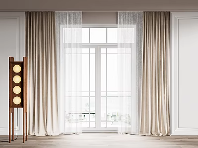 Modern Beige Curtains with White Sheer for Living Room Floor to Ceiling Window 3d model