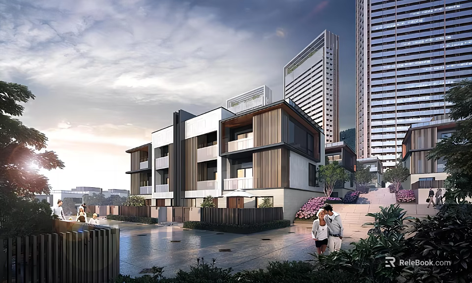 Modern Townhouses Exterior With Water Feature High Rise Buildings And Greenery Nearby 3d model 