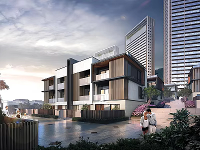 Modern Townhouses Exterior With Water Feature High Rise Buildings And Greenery Nearby 3d model