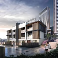 Modern Townhouses Exterior With Water Feature High Rise Buildings And Greenery Nearby