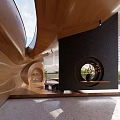 Modern Teahouse With Curved Wooden Interior And Tea Set