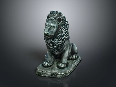 Stone Lion Statue In Sitting Posture With Detailed Mane And Carved Base 3d model