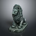 Stone Lion Statue In Sitting Posture With Detailed Mane And Carved Base