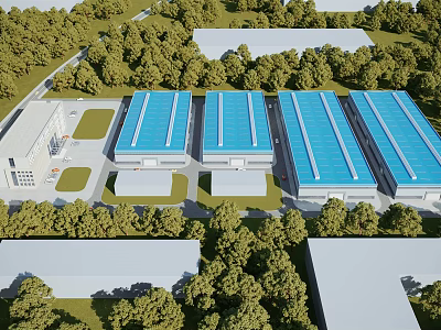Modern Industrial Factory Buildings With Blue Roofs And Green Surrounding Trees 3d model