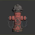Red Rusted Fire Hydrant With Metal Top And Hanging Chains On Dark Background