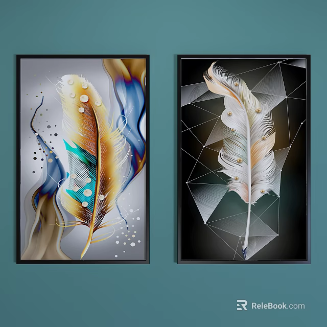 Colorful Feather Decorative Paintings With Geometric Patterns And Abstract Designs 3d model 
