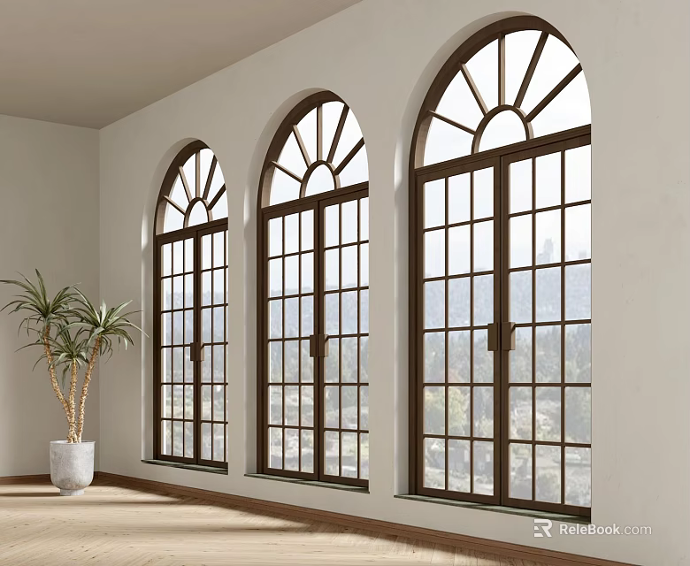 Arched Floor To Ceiling Windows With Wooden Frames Scenic City View And Indoor Potted Plant 3d model 
