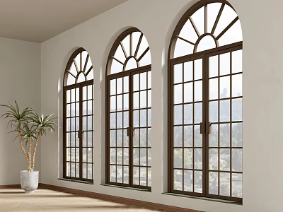 Arched Floor To Ceiling Windows With Wooden Frames Scenic City View And Indoor Potted Plant 3d model