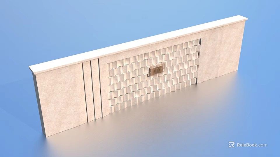 Modern Feature Wall Design With Geometric Grid Pattern And Brass Plaque Beige Stone Finish 3d model 