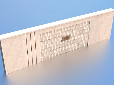 Modern Feature Wall Design With Geometric Grid Pattern And Brass Plaque Beige Stone Finish 3d model