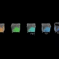 Five Multi Colored Trash Bins With Open Blue Bin On Black Background