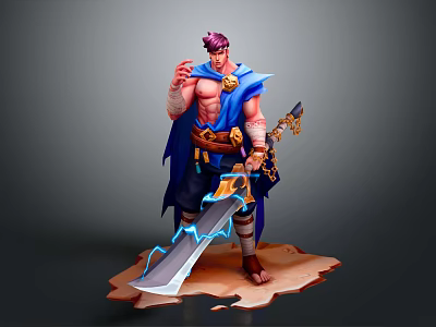 Heroic Warrior With Purple Hair Blue Cape Holding Lightning Sword And Mythical Beast 3d model