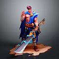 Heroic Warrior With Purple Hair Blue Cape Holding Lightning Sword And Mythical Beast