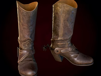 Brown Leather Boots with Embossed Design Straps and Buckles Vintage Style 3d model