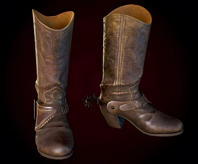 Brown Leather Boots with Embossed Design Straps and Buckles Vintage Style 3d model