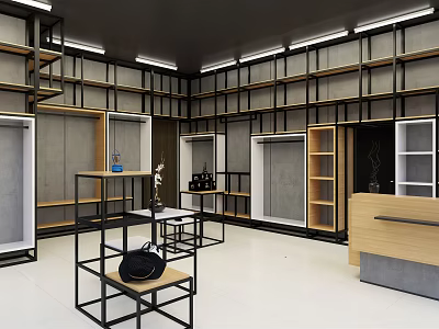Modern Clothing Store Interior With Open Shelves Display Tables And Cashier Counter 3d model
