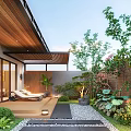 Serene Courtyard Garden Design Featuring Wooden Patio Lounge Chair Lush Greenery Gravel Path And Lighting