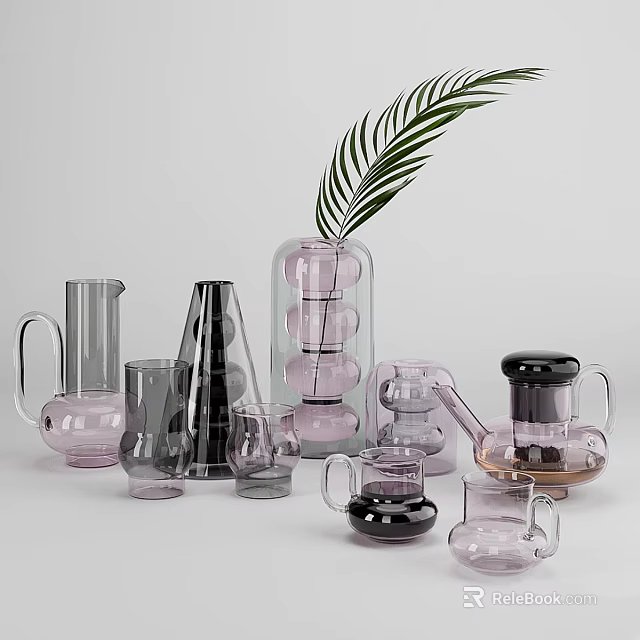 Modern Glass Tableware Set With Various Shapes Pink Black Transparent Pieces And Palm Leaf Decor 3d model 