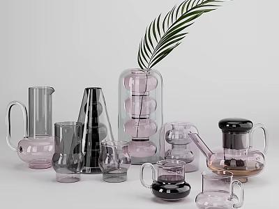 Modern Glass Tableware Set With Various Shapes Pink Black Transparent Pieces And Palm Leaf Decor 3d model