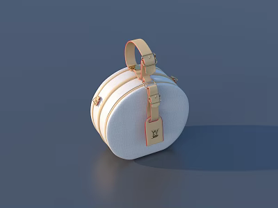 Elegant Round White Fabric Bag With Beige Leather Straps And Decorative Logo Tag 3d model