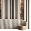 Stylish Curved Sofa With Round Stools And Textured Columns In Beige Curtain Interior