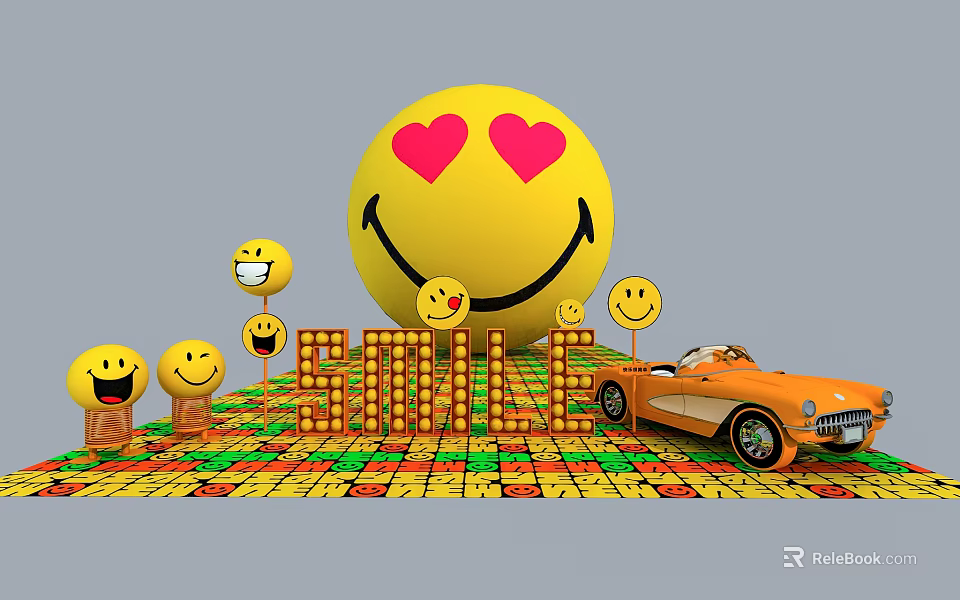Giant Heart Eyes Smiley Emoji Photo Spot With SMILE Letters Vintage Car And Colorful Tiles 3d model 
