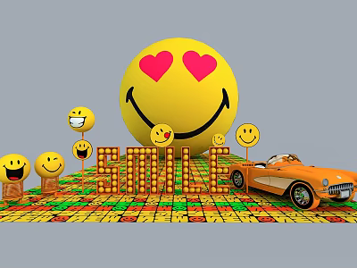 Giant Heart Eyes Smiley Emoji Photo Spot With SMILE Letters Vintage Car And Colorful Tiles 3d model