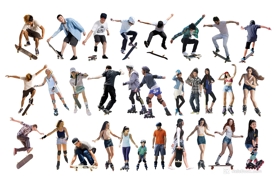 Group of People Skateboarding and Roller Skating with Various Tricks and Poses 3d model 