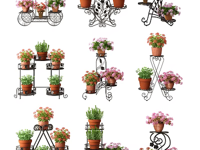 Unique Iron Plant Stands With Colorful Flower Pots For Garden Decor 3d model
