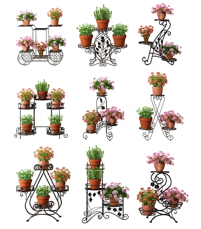 Unique Iron Plant Stands With Colorful Flower Pots For Garden Decor 3d model