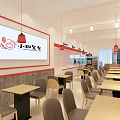 Modern Restaurant Interior With Marble Counter Red Pendant Lights Dining Tables And Chairs