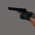 Hand Holding Black Pistol With Green Gloves And Smoke From Muzzle On Gray Background