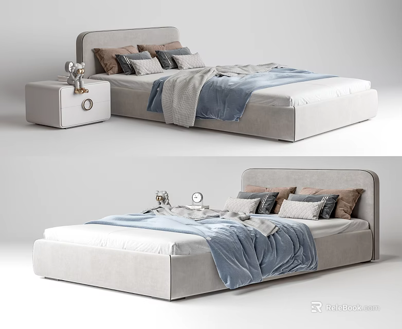 Light Gray Upholstered Single Bed With Gray Brown Pillows Blue Blanket And White Nightstand 3d model 
