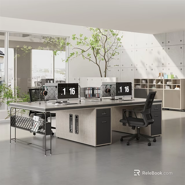 Modern Public Office Space Interior With Office Desks Computers Green Plants And Filing Cabinets 3d model 