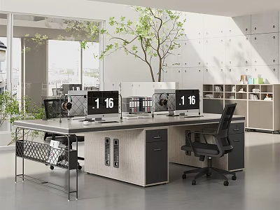 Modern Public Office Space Interior With Office Desks Computers Green Plants And Filing Cabinets 3d model