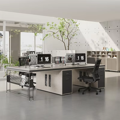 Modern Public Office Space Interior With Office Desks Computers Green Plants And Filing Cabinets 3d model