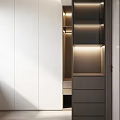 Modern Walk in Closet With White Cabinets And Warm Lighting