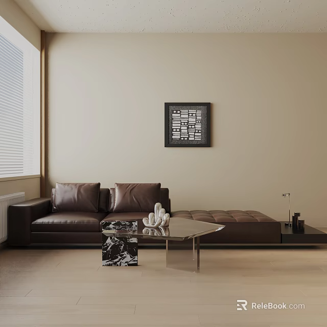 Brown Leather Three-Seater Sofa In Modern Interior With Marble Coffee Table And Decorative Painting 3d model 