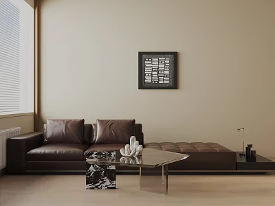 Brown Leather Three-Seater Sofa In Modern Interior With Marble Coffee Table And Decorative Painting 3d model